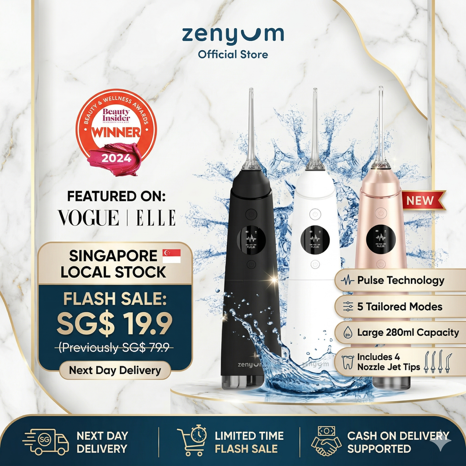 冲牙器广告图 Zenyum Water Flosser Pro (White/Black/Pink) - Rechargeable, Dental Care, Water Resistant - Image 1