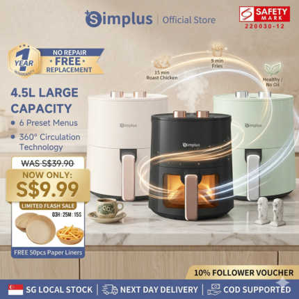 Simplus Air Fryer 4.5L 1300W 8 Preset Menu30min Preset Timer 80-200°C TemperatureControl Non Stick Basket Airfryer Cooker