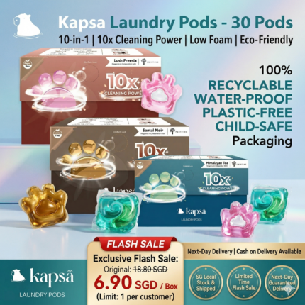 Kapsa Laundry Pods - 30 Capsules | 10-in-1 Detergent Fragrance Softener | 10X Cleaning Power | Stain & Odour Removal | Low Suds For Sensitive Skin | Top Load & Front Load Washer | Eco-Friendly